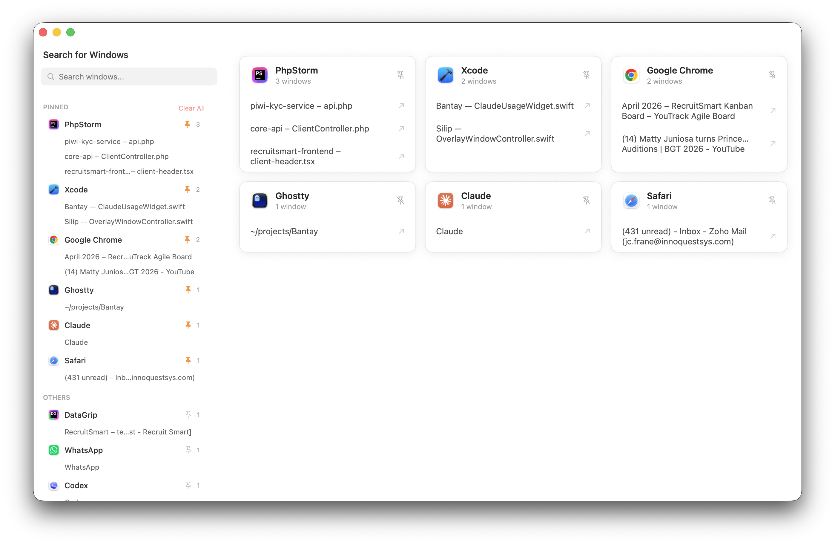Sidebar layout — list on left, cards on right