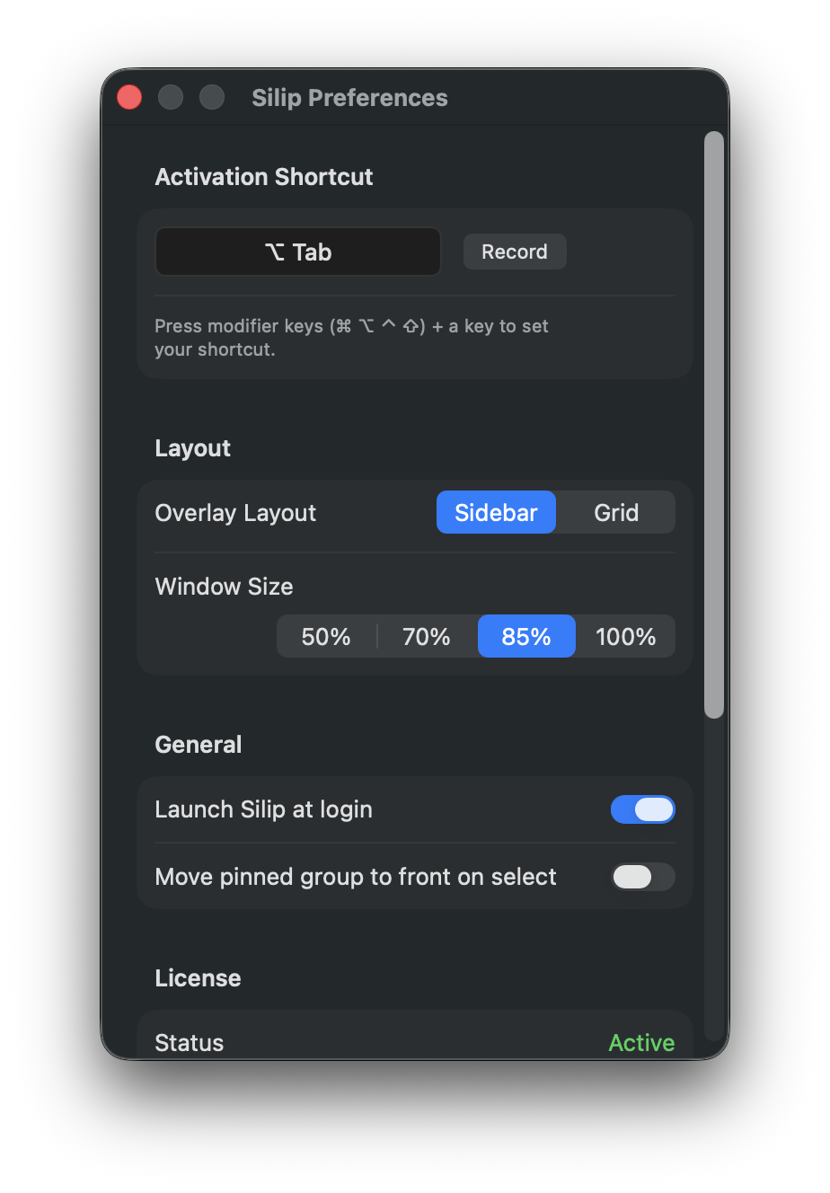 Silip preferences panel